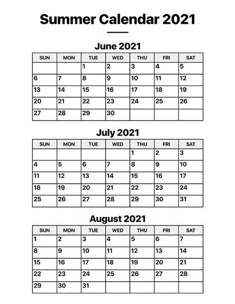 Summer 2021 Calendar Calendar Options