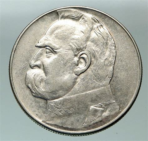 1936 Poland Leader Jozef Pilsudski Eagle Vintage Silver 10 Zlotych Coin