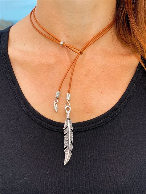 Silver Feather Pendant Leather Lariat Multi Way Necklace Etsy Uk