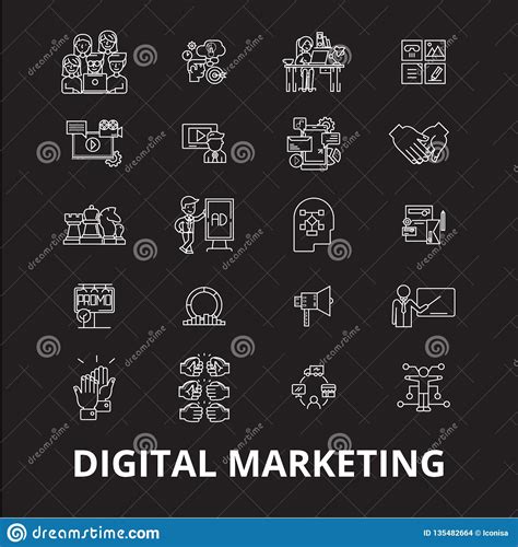 Digital Marketing Editable Line Icons Vector Set On Black Background