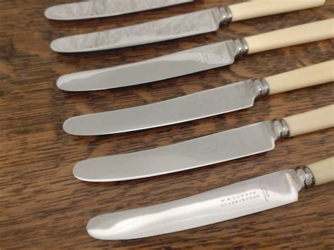 Vintage Boxed Set 6 Faux Bone Handle Dinner Knives By Harrison Fisher