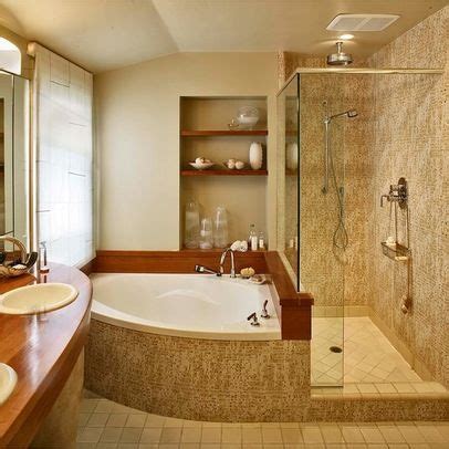 About half the size of a traditional tub, a corner tub efficiently fills that. Corner Bathtub Design Ideas, Pictures, Remodel, and Decor ...