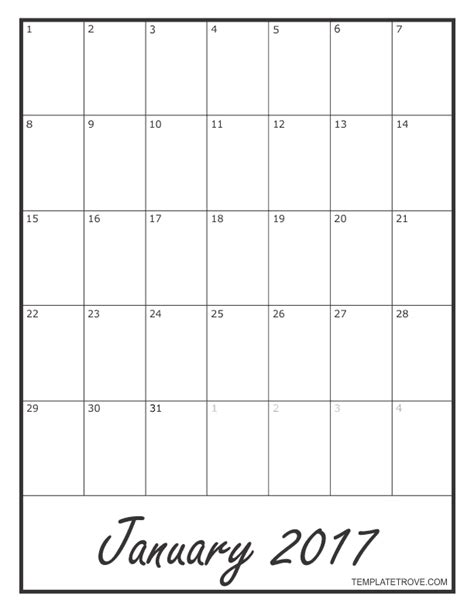 2017 Blank Monthly Calendar