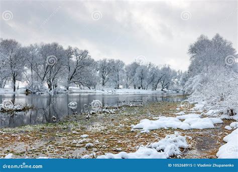 River Bank After A Snowfall On A Cloudy Winter Day Winter Landscape