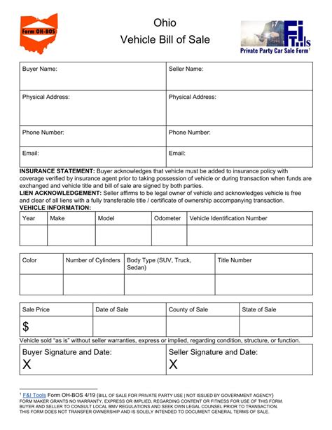 Free Ohio Car Bill Of Sale Template Fillable Forms