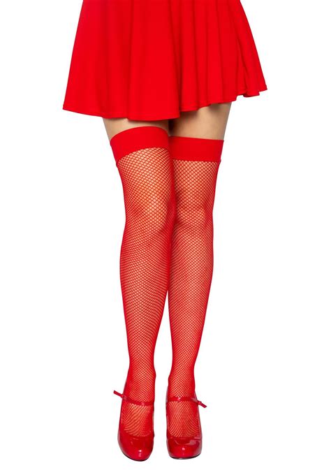 Red Nylon Fishnet Thigh High Tights For Women