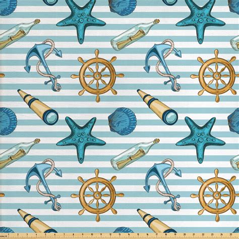 Nautical Fabric By The Yard Marine Sea Striped Background With Anchor