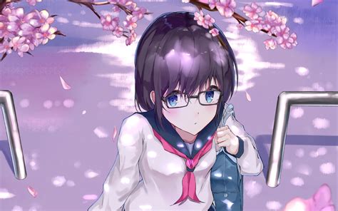 Download Wallpaper 2560x1600 Girl Schoolgirl Glasses Uniform Sakura Flowers Anime