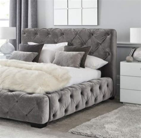 Grey Brushed Velvet Upholstered King Bed Frame