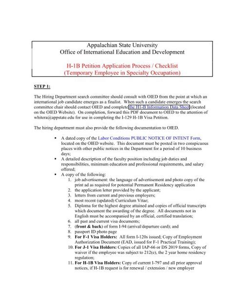 H 1b Petition Application Process Checklist International