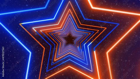 Abstract Futuristic Blue And Orange Star Shape Lines Neon Light Tunnel