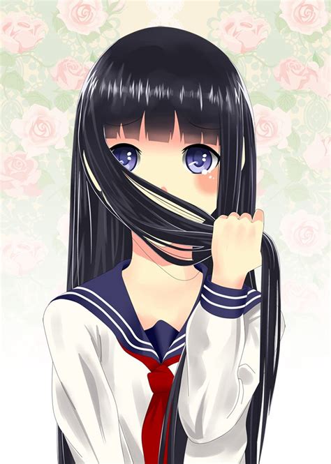 1girl Bangs Blackhair Blueeyes Bluntbangs Blush Flower Kureimamoru