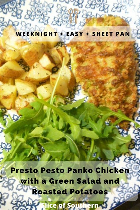 Place arugula and parmesan in large bowl. Slice of Southern: Presto Pesto Panko Chicken with a Green Salad and Roasted Potatoes and "Hello ...