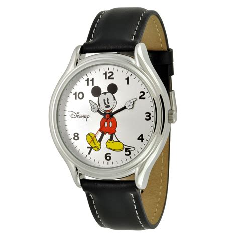Disney Mickey Mouse Watch Wround Silver Tone Case White Dial And Black