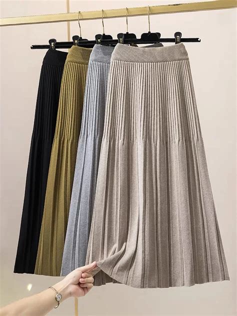 TIGENA Knitted Pleated Skirt For Women Autumn Winter Thick Warm