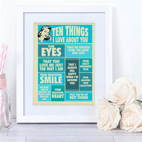 Ten Things I Love About You Personalised Vintage Style Quote Print Fo
