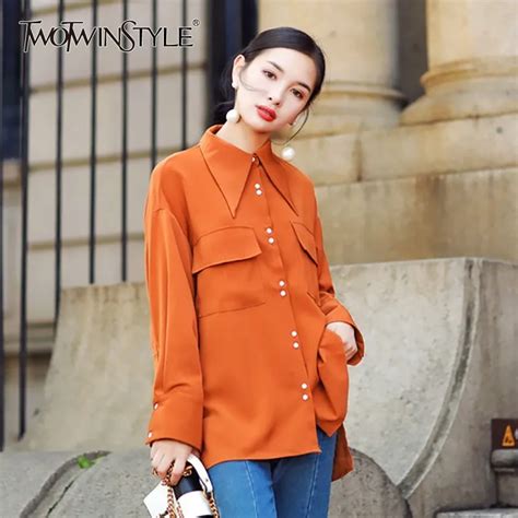 Twotwinstyle Long Sleeve Stain Blouse Shirt Women Turn Down Collar