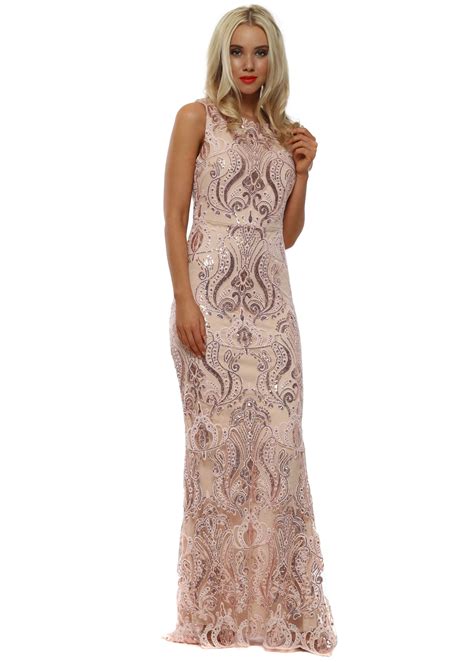 Nude Pink Lace Sequin Embroidered Maxi Dress