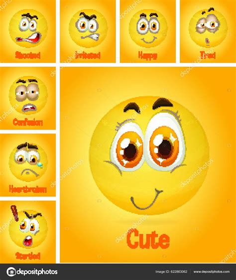 Set Different Faces Emoji Its Description Yellow Background Stock