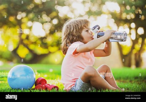 Kid Sport Boy Drinking Water Sport Concept Child Fitness Health And