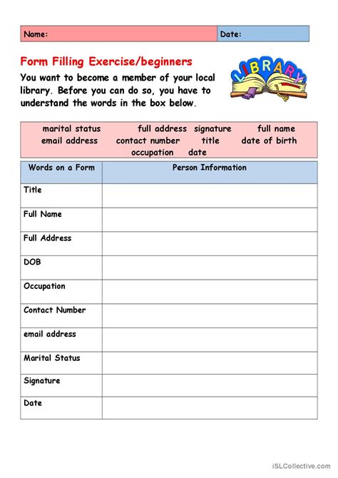 Form Filling Exercise Beginners English Esl Worksheets Pdf And Doc