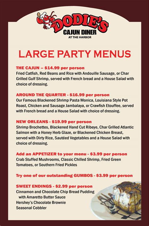 Find party 2021 recipes, menu ideas, and cooking tips for all levels from bon appétit, where food and culture meet. Large Party Menus - Dodie's Cajun Diner at The Harbor