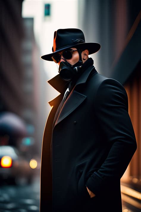 Lexica - Detective, fedora hat, black trenchcoat, gasmask, sunglasses