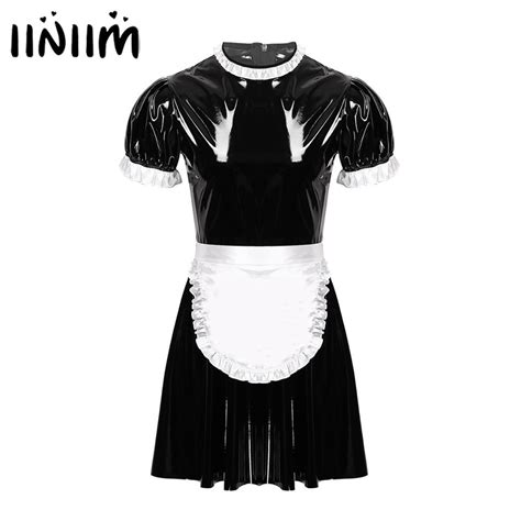 Mens Male Sissy Maid Dress Sexy Cosplay Costume Clubwear Puff Sleeve