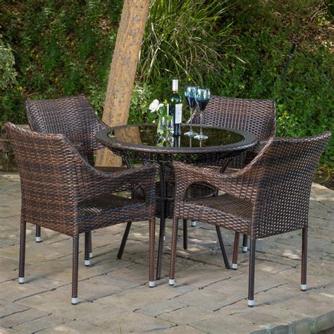 Parks 5 Piece Outdoor Round Glass Top Wicker Dining Set Multi Brown
