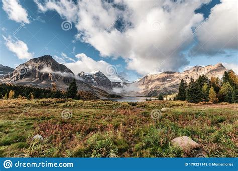 Scenery Of Mount Assiniboine With Lake Magog And Blue Sky In Autumn
