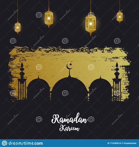 Ramadan Kareem Holiday Card With Silhouette Of Mosque On Golden Brush