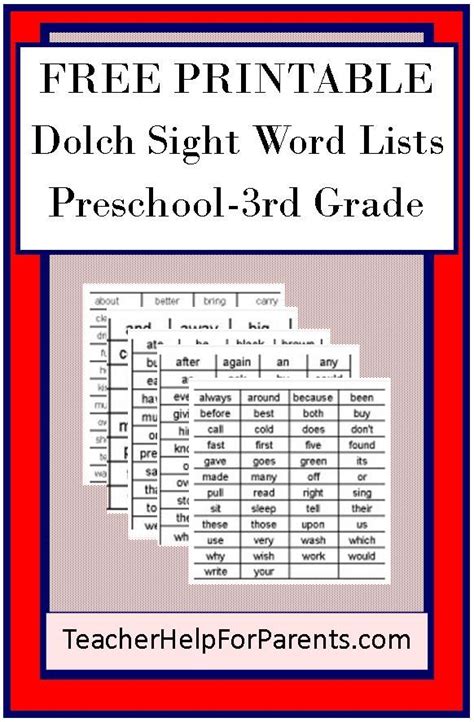 dolch sight word lists preschool  grade  printables