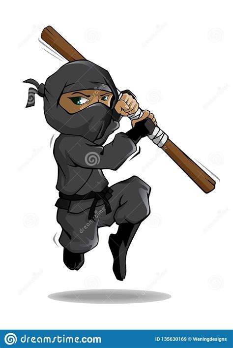 A Cartoon Ninja In Action With Stick Stock Vector Illustration Of