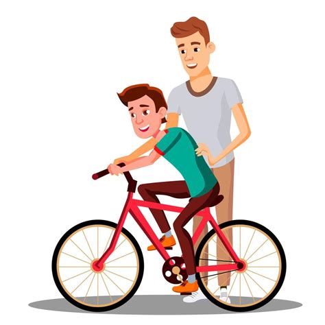 Father Teaches His Son To Ride A Bicycle Vector Isolated Illustration