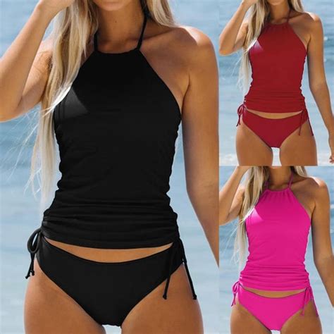Halter Neck Two Piece Tankini Swimsuit With Mid Waist Briefs Etsy