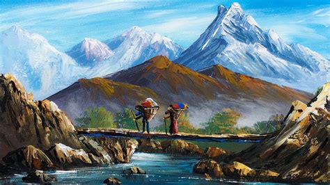 Nepali Painting Painting A Beautiful Mountain Landscape With Acrylics