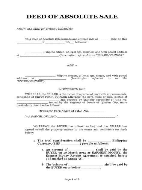 Deed Of Absolute Sale Sample Form For Deed Of Sale Studocu Images And