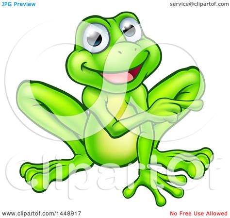 Clipart Of A Cartoon Happy Green Frog Mascot Sitting And Pointing