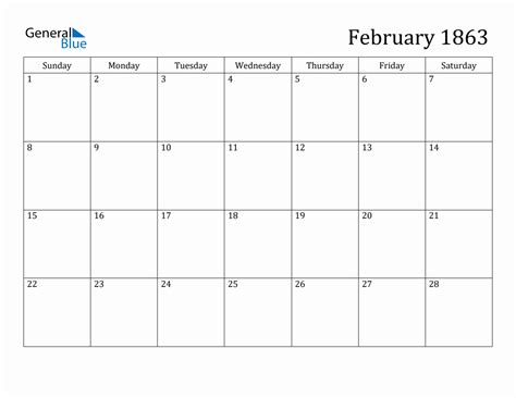 February 1863 Monthly Calendar
