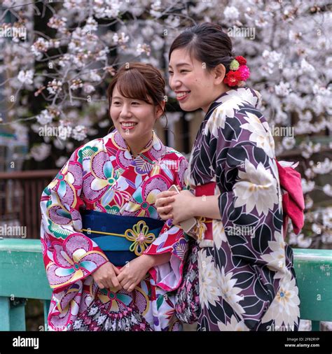 tokyo japan march 27 2020 asian women wearing japanese traditional clothes kimono cherry