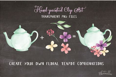Teapot Elements Watercolor Floral Flowers Pastel Pretty Afternoon Tea