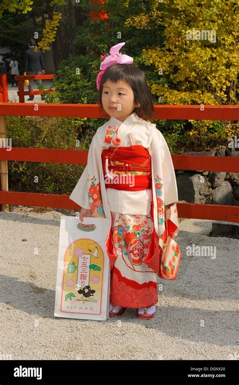 Girl Wearing A Festive Kimono At The Shichi Go San Festival Or Seven