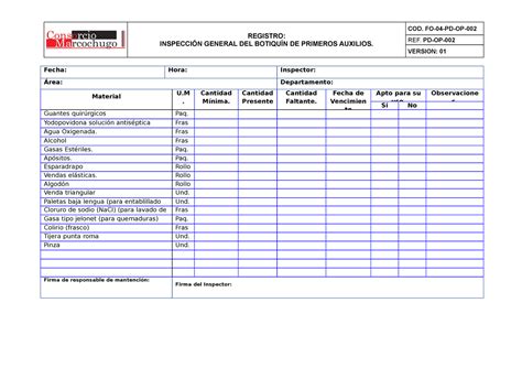 Fo Pd Op Check List Botiquines Registro Inspecci N General