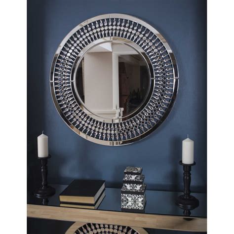 Large Round Mirrored Glass 3ft Crystal Wall Mirror 90cm