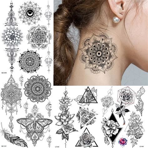 large black henna mandala flower temporary tattoo stickers fake women ear tatoos bracelet neck