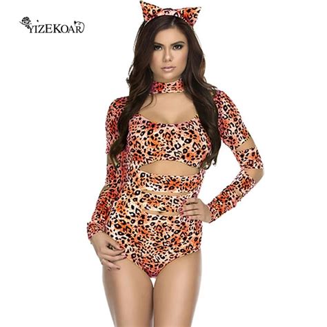 Cosplay Party Charming Cheetah Sexy Cat Costume Bodysuit With Headwear