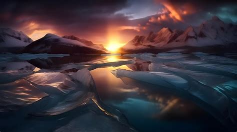 Premium Photo A Sunset Over A Frozen Lake With Icebergs And Mountains