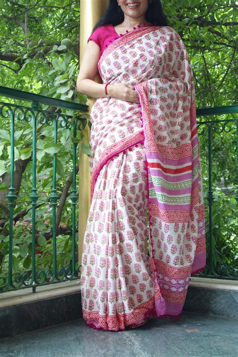 sohum sutras cotton mul mul block printed sarees with pom poms