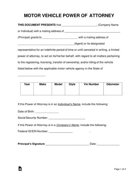 Free Motor Vehicle Power Of Attorney Forms Pdf Word Eforms