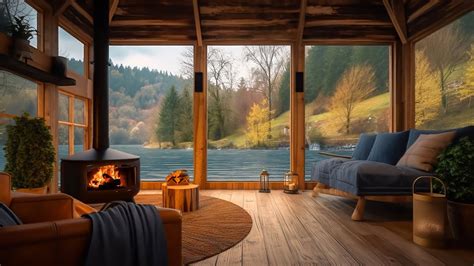 Cozy Lake House Porch In Spring Ambience With Relaxing Lake Waves